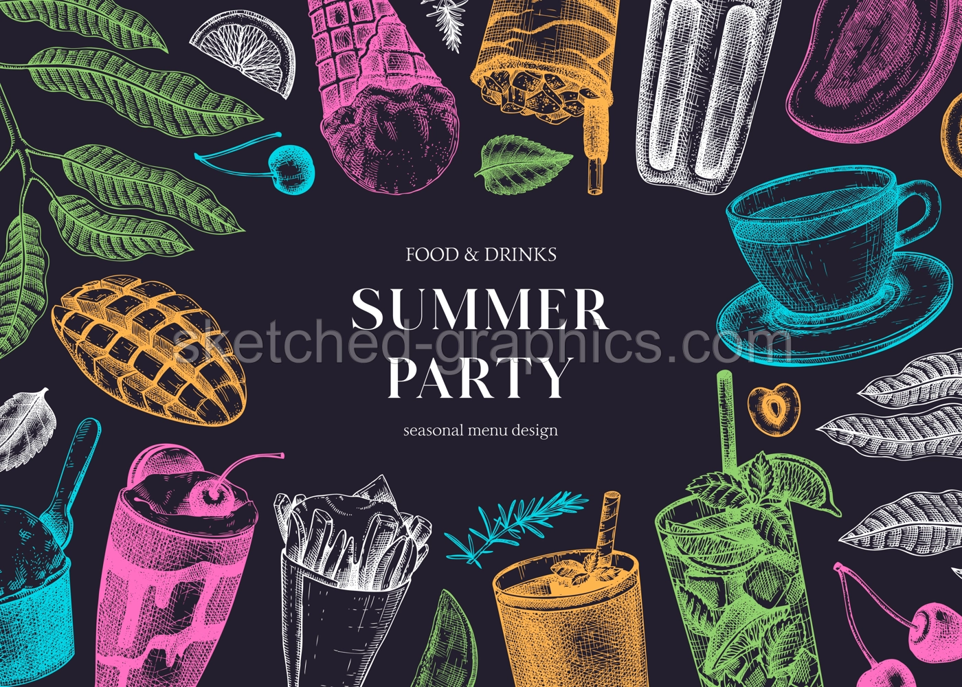 Summer party background. Non-alcoholic beverage, mocktail, ice cream, fruit, cocktail sketches. Hand drawn vector illustration. Summer food festival frame. Tropical design on chalkboard Illustration
